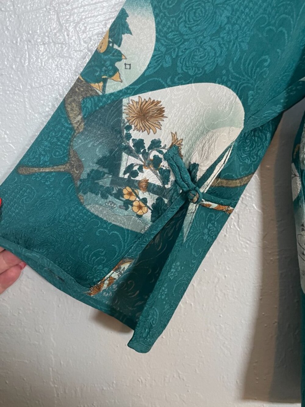 Citron Santa Monica Women M Teal Silk Blouse Hand Mirror Print Mandarin Collar - Picture 4 of 10